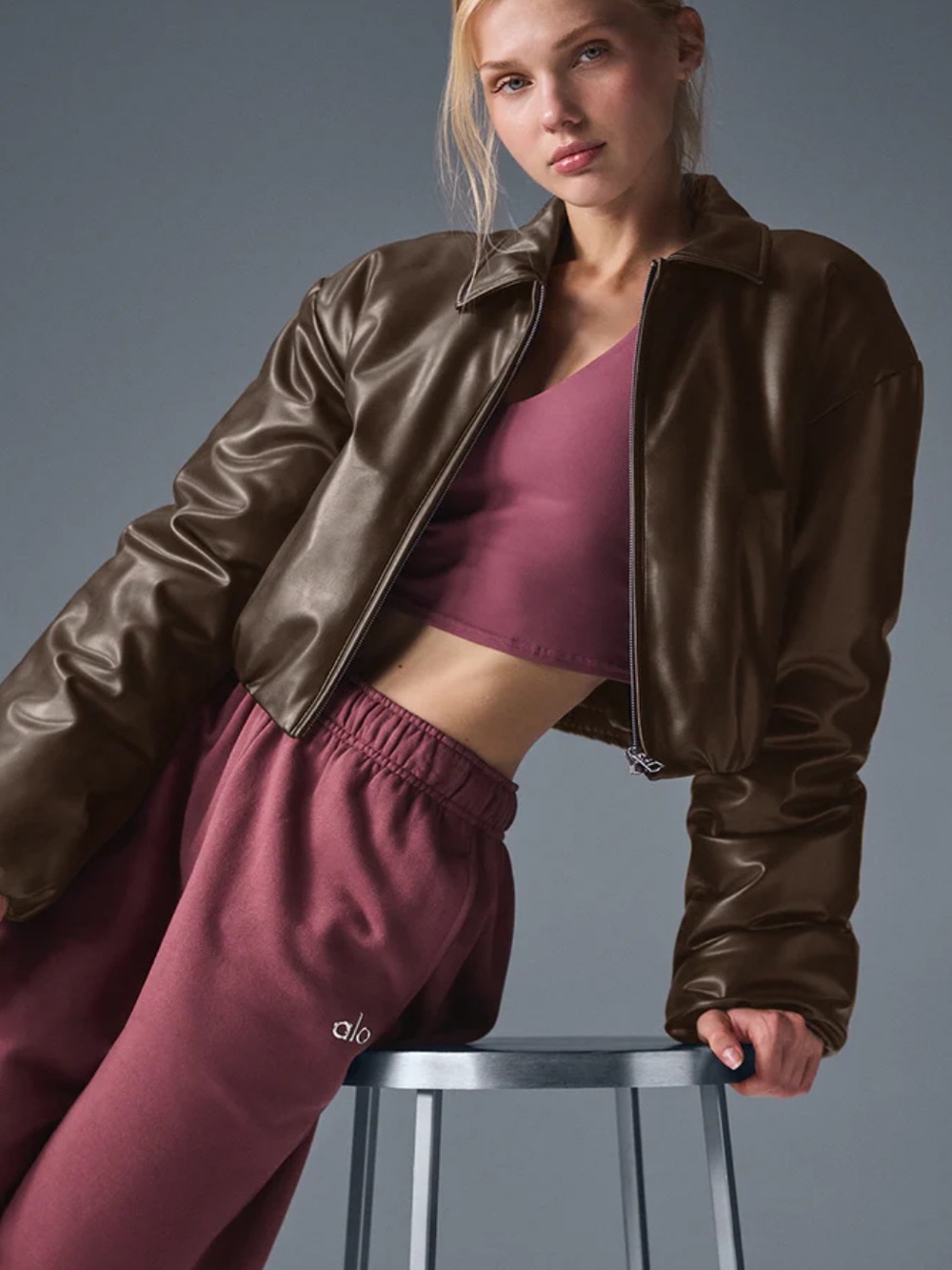 NEW ALO YOGA Faux Leather Cropped Bomber Jacket in Espresso Size Medium NEW